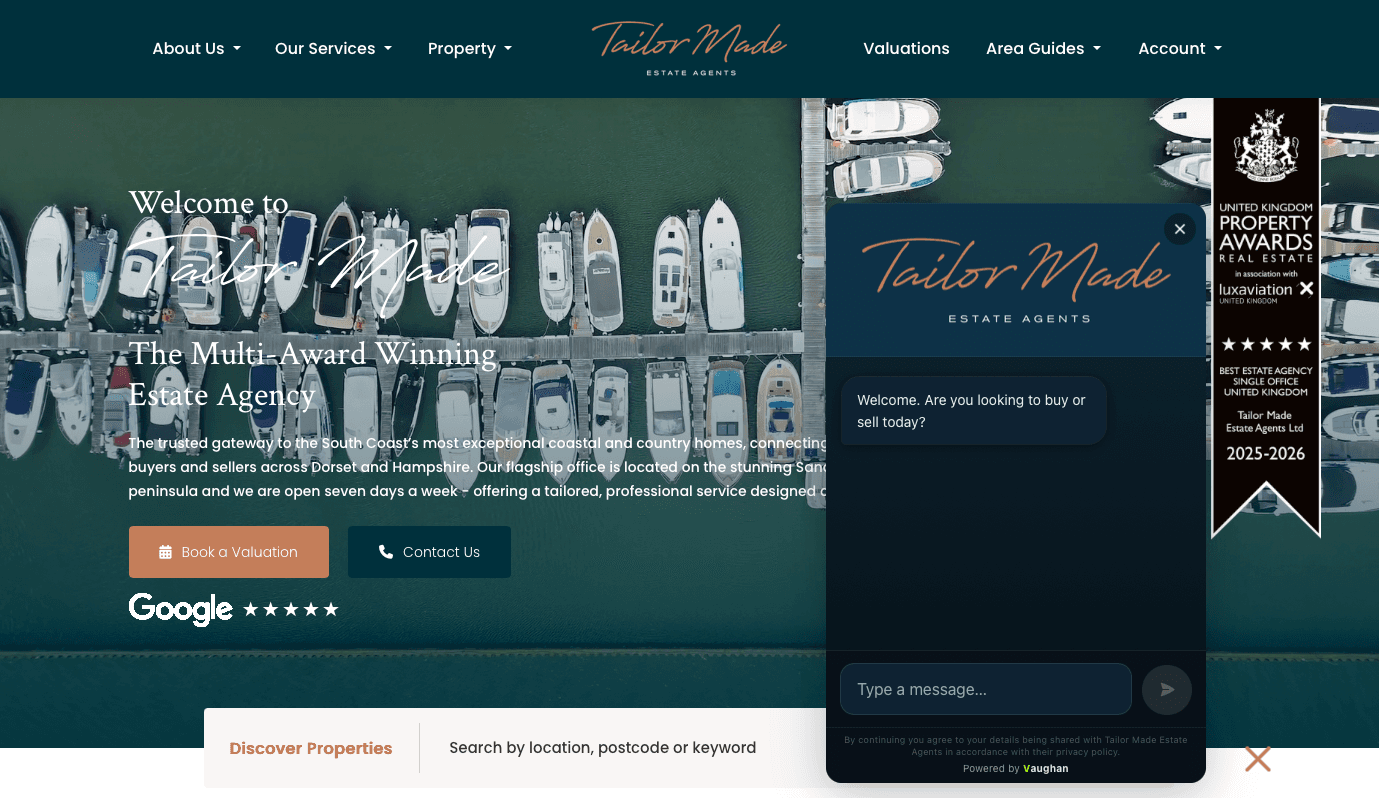Tailor Made Estate Agency's website with their live Vaughan chat assistant open, asking whether the visitor is looking to buy or sell